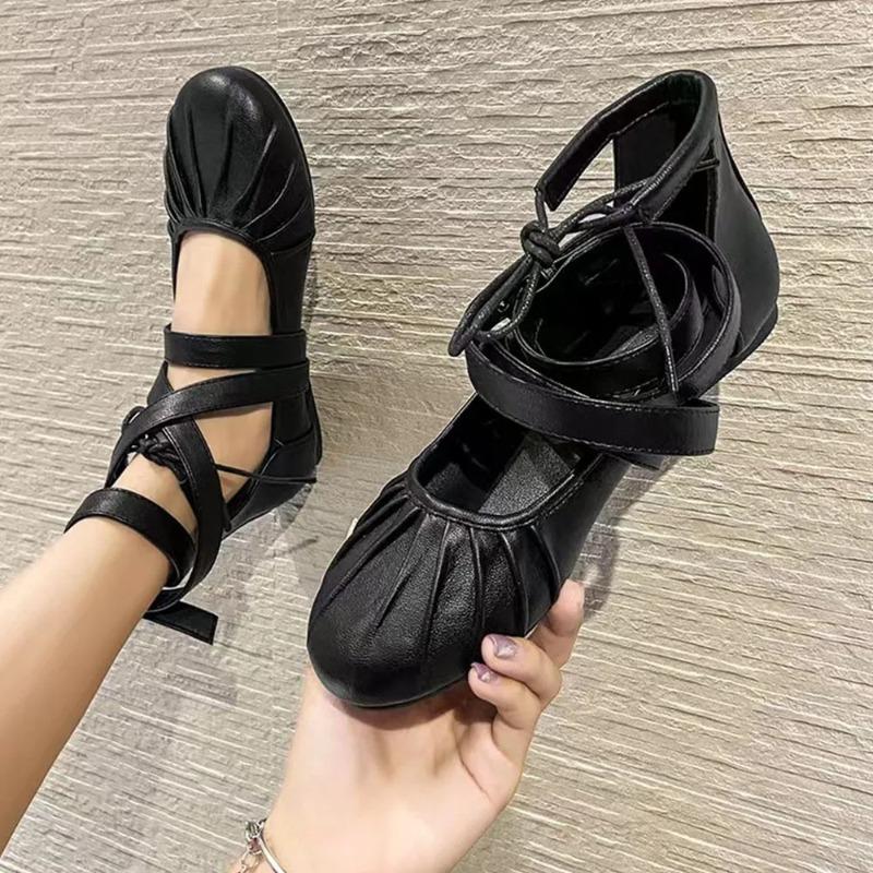 Fashion Round Toe Ankle Strap Women Mary Janes Flats 2025 Spring New Wrinkled Ballet Flats Soft Retro Walking Comfy Women Casual Shoes