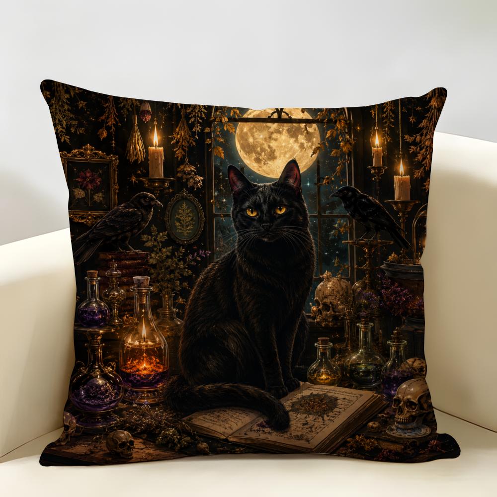 Art Black Cat Halloween Cushion Cover Durable Hypoallergenic Organic Linen Pillow Cover Short Size Washable SkinFriendly
