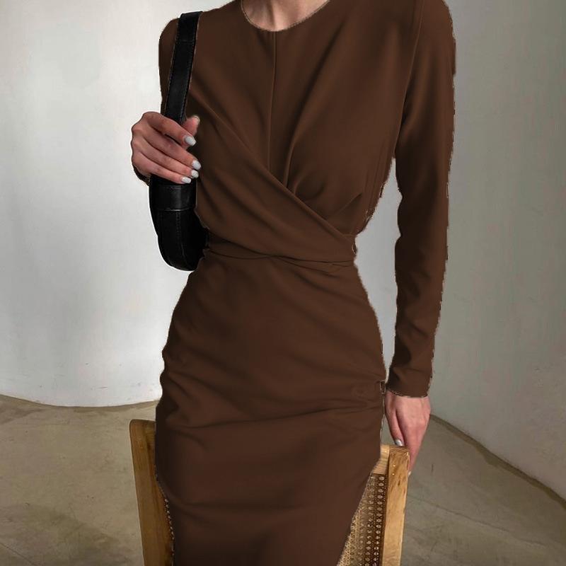 Women's Long Sleeve Round Neck French Retro Slim Long Dress