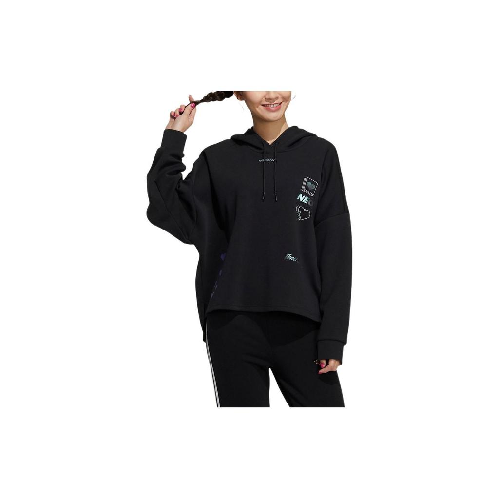 Adidas Neo Solid Color Hooded Heart Brand Logo Print Long Sleeve Sweatshirt Women Sweatshirt Black H18579