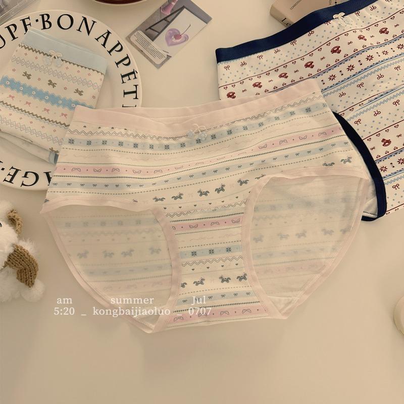 Female Summer Printed Cotton Extended Crotch No Trace Breathable Middle Waist Triangle Briefs