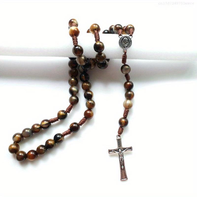 Vintage Rosary Catholic Prayer Beads Necklace Christ Jesus for Cross Pendant Necklace Beaded Religious Jewelry Gift F0T6