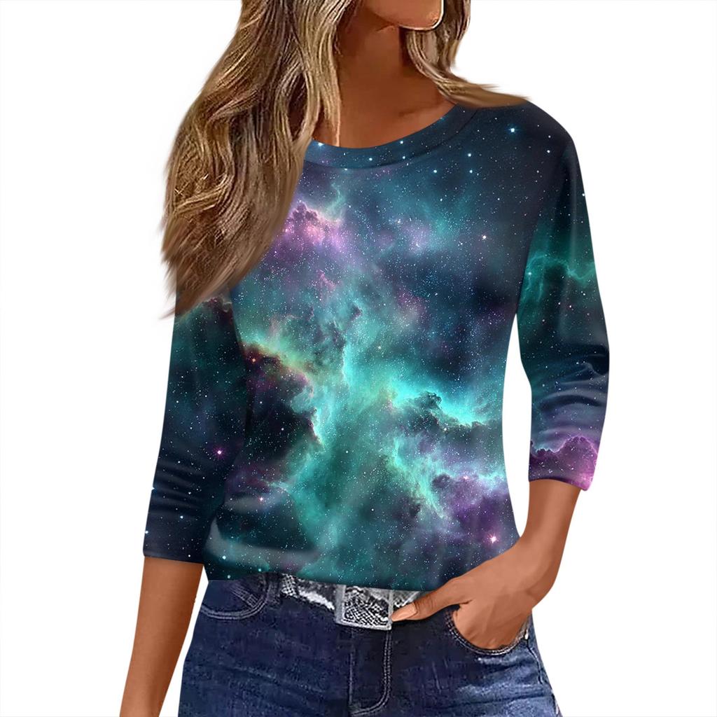 Camiseta de mujer con estampado de manga 3/4, básica, cuello redondo, para uso diario y fin de semana.