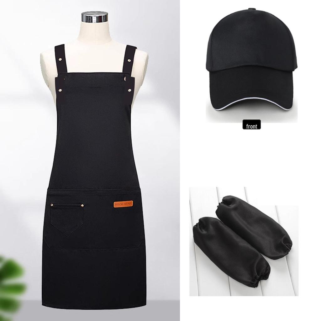Waterproof Catering Apron Set: Logo-Print Apron, Oil-Proof Sleeves, Hat for Milk Tea and Coffee