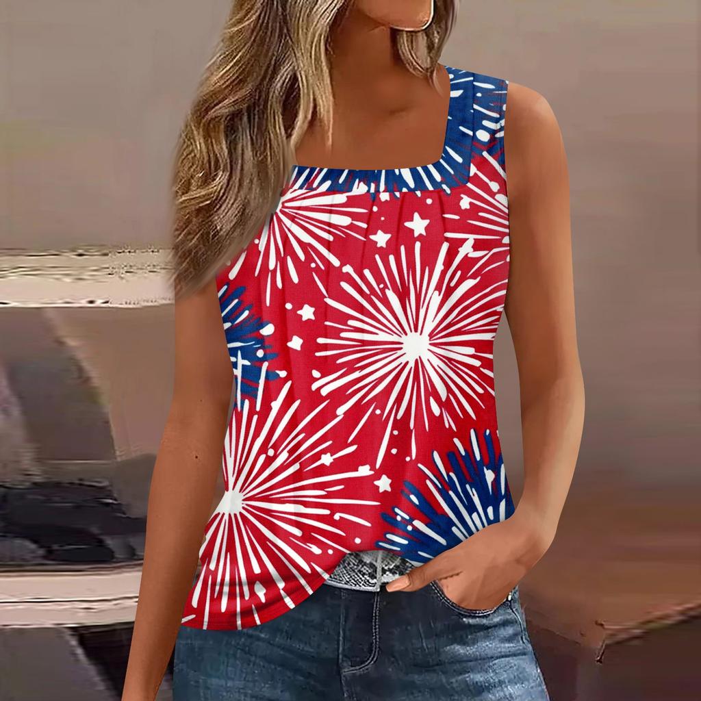 Women's Summer Casual Pleated Square Neck Sleeveless Tank Top Printed T-Shirt