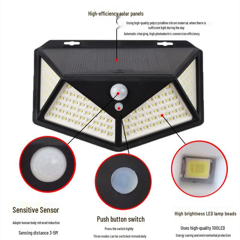 114LED Vierseitige Solar-Wandleuchte mit Bewegungssensor für den Außenbereich - Ideal für Straßen, Villen und Innenhöfe.