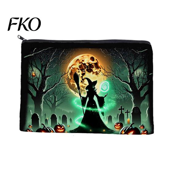 Dark Theme Zipper Bag Storage Bag, with Halloween Witch Castle Print, Large Printed Canvas Organizer Capacity Cosmetic Organizer, for Travel