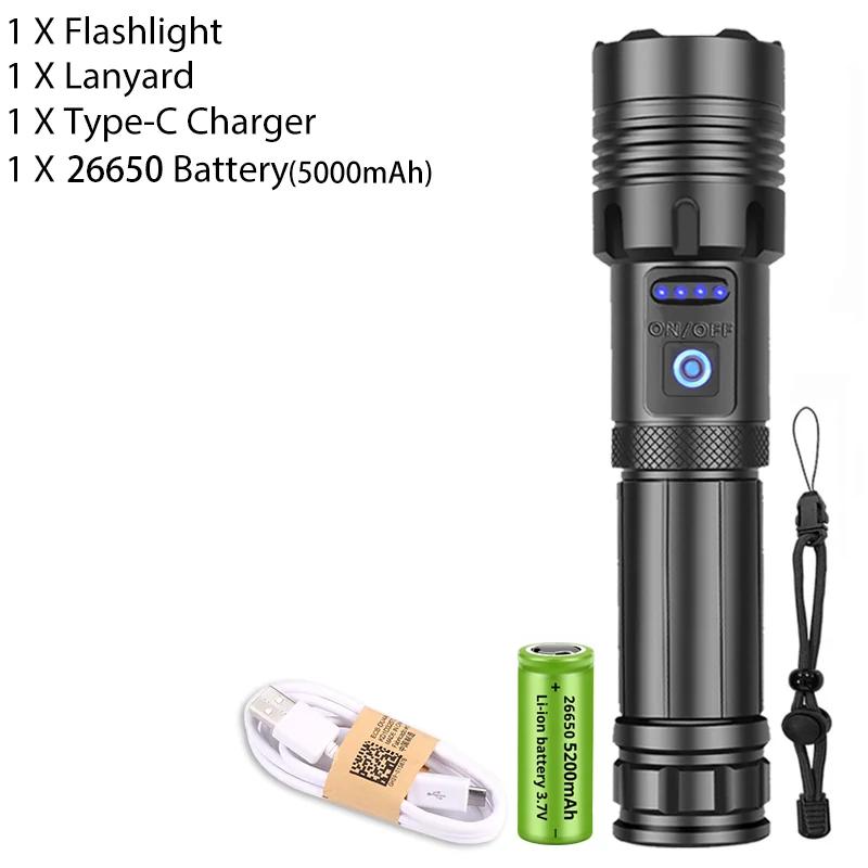 Powerful LED Flashlight XHP120 Rechargeable Portable Tactical Torch Super Bright Camping Outdoor Search and Adventure Flash Lamp