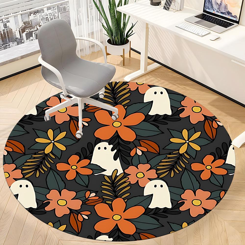 1 szt. Okrągły dywanik biurowy Ghost Floral, Mata odpowiednia do biura, Pod krzesła biurowe, Sypialni, Salonu, Wystroju domu, Dekoracji pokoju