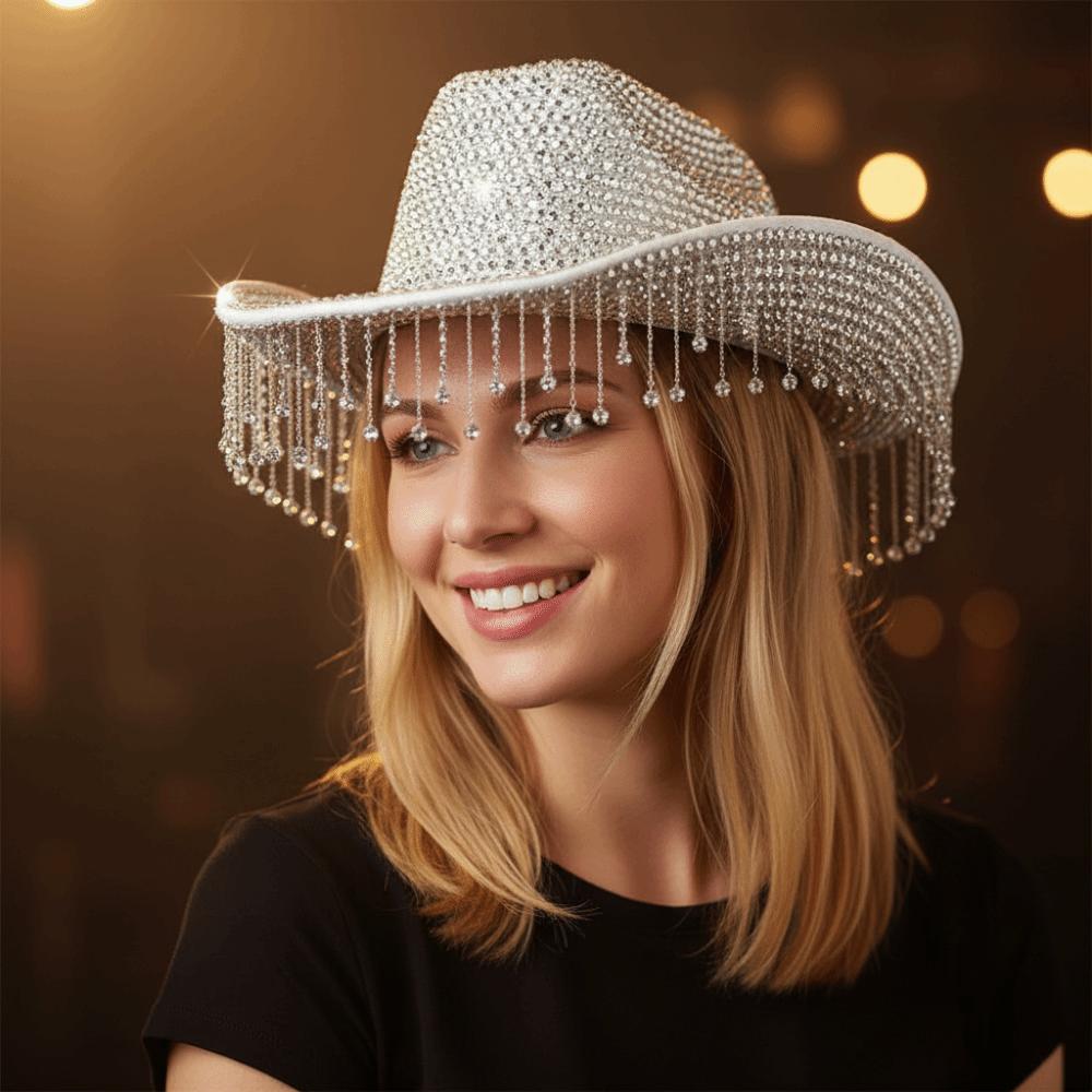 Adjustable Strap Rhinestone Cowgirl Hat Sun Protection Silver Cowboy Hat Bride Cowgirl Hat  Wedding