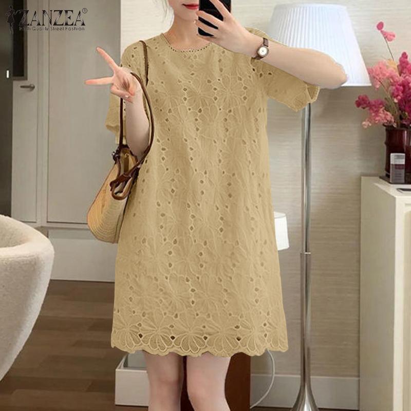 ZANZEA Rochie Casual de Damă cu Gât Rotund, Mânecă Scurtă, Patchwork, Brodată