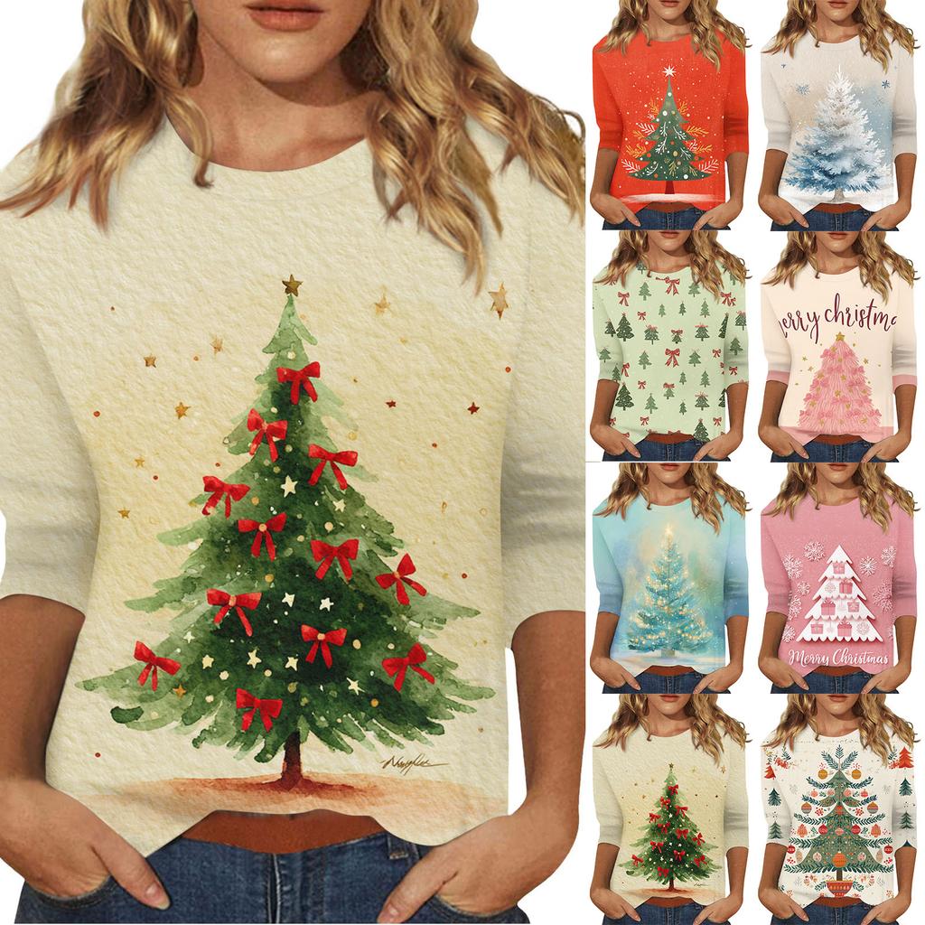 Women's O-Neck 3/4 Sleeve Christmas Print Top