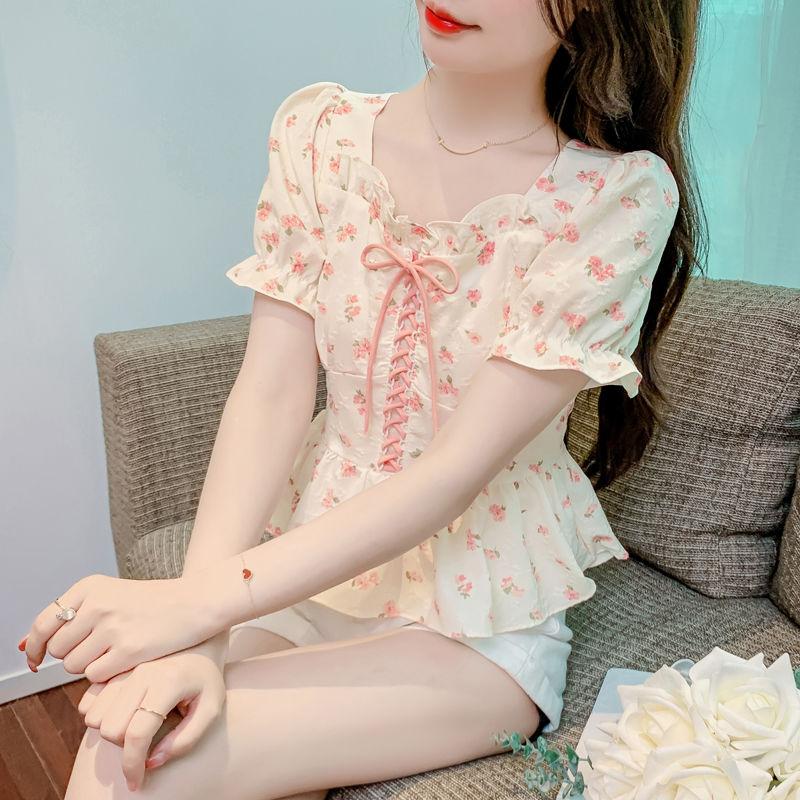 Fashionable and Versatile Bubble Sleeve Ladies' Tops Summer Shredded Ties Slim and Thin Ruffled Edge Shirts