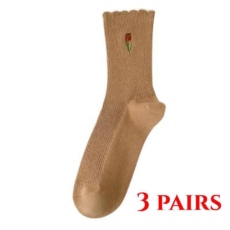 3 Pairs of Women's Socks Set Spring and Summer Thin Breathable Ruffle Edge Socks All Cotton Cute Women's White Printed Socks