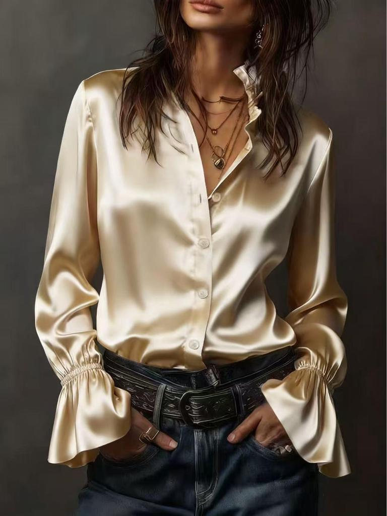 Elegant Women's Long Sleeve Solid Color Satin Shirt - Spring 2026 Collection