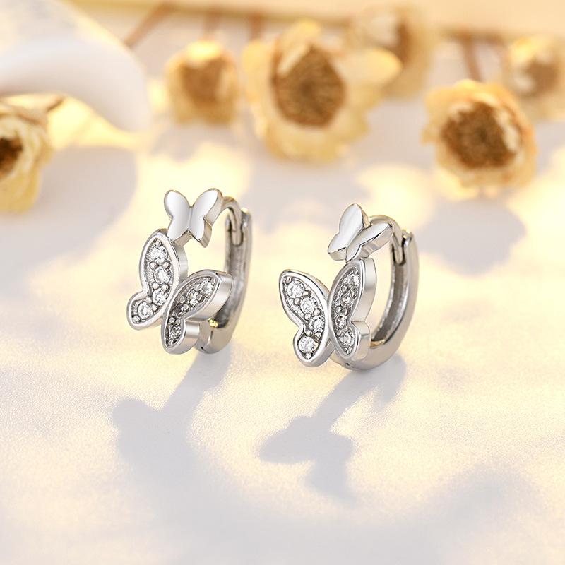 Women Fashion Plated S925 Silver Butterfly Zircon Buckle Earrings For Ladies