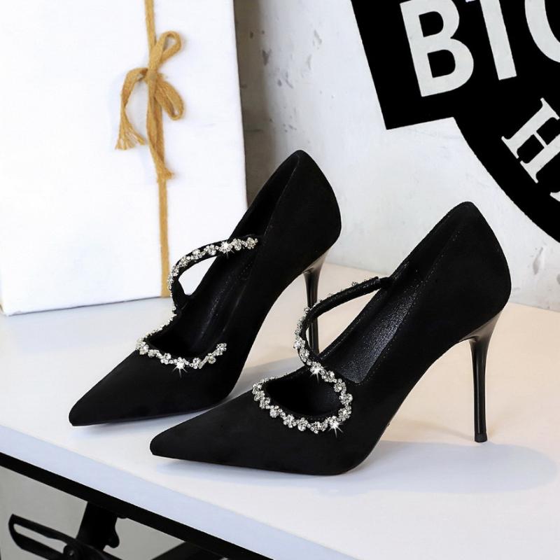 European American Banquet Pointed Toe High Heels Diamond Chain One-Strip Thin Heel Super High Heels Light Mouth Elegant Lace-Up
