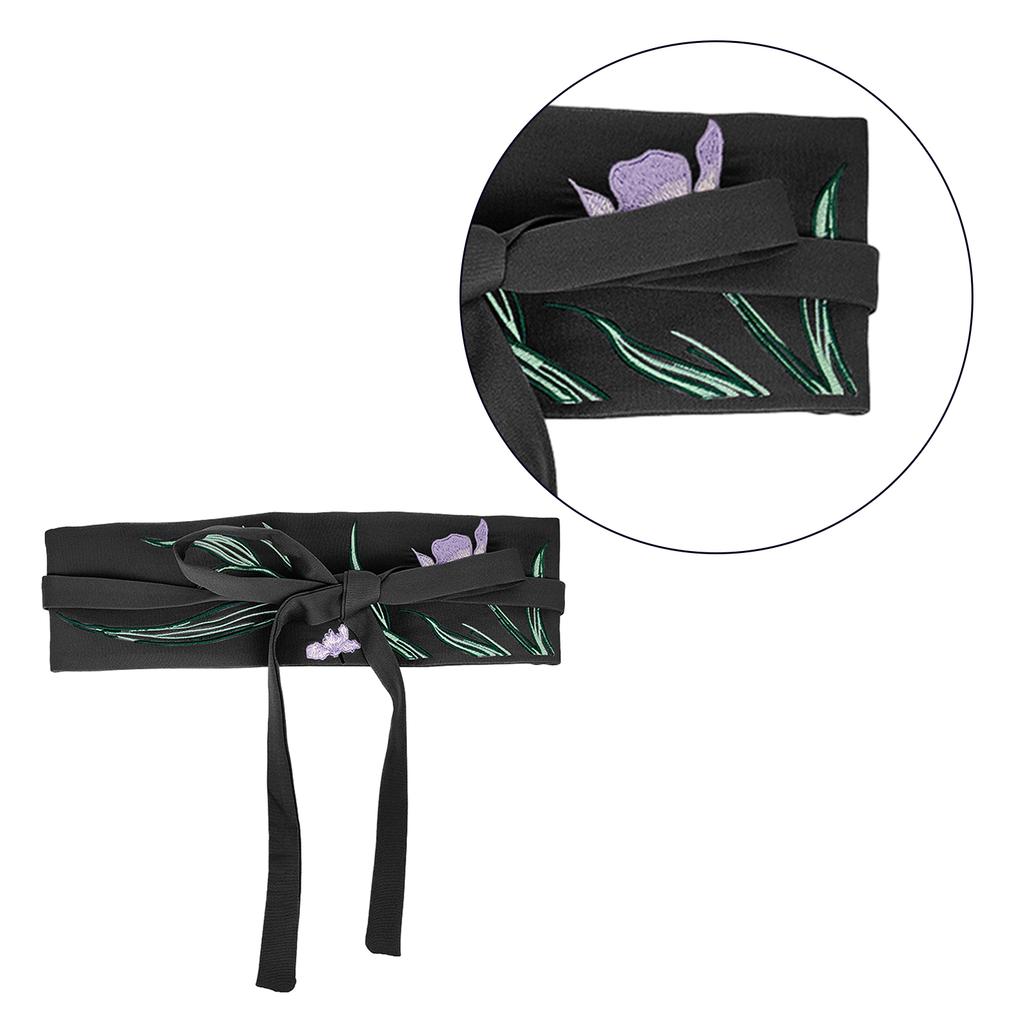 Chinese Mamianqun Hanfu Clothing Waistband with Embroidery Wide Tie Belt with Orchid Flower Pattern for Mamianqun