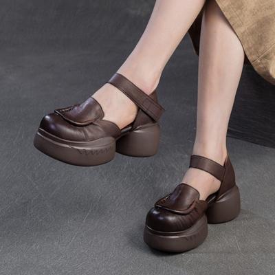 Retro Round Toe Thick Sole Sandals Genuine Leather Casual Versatile Women's Flat Platform Shoes