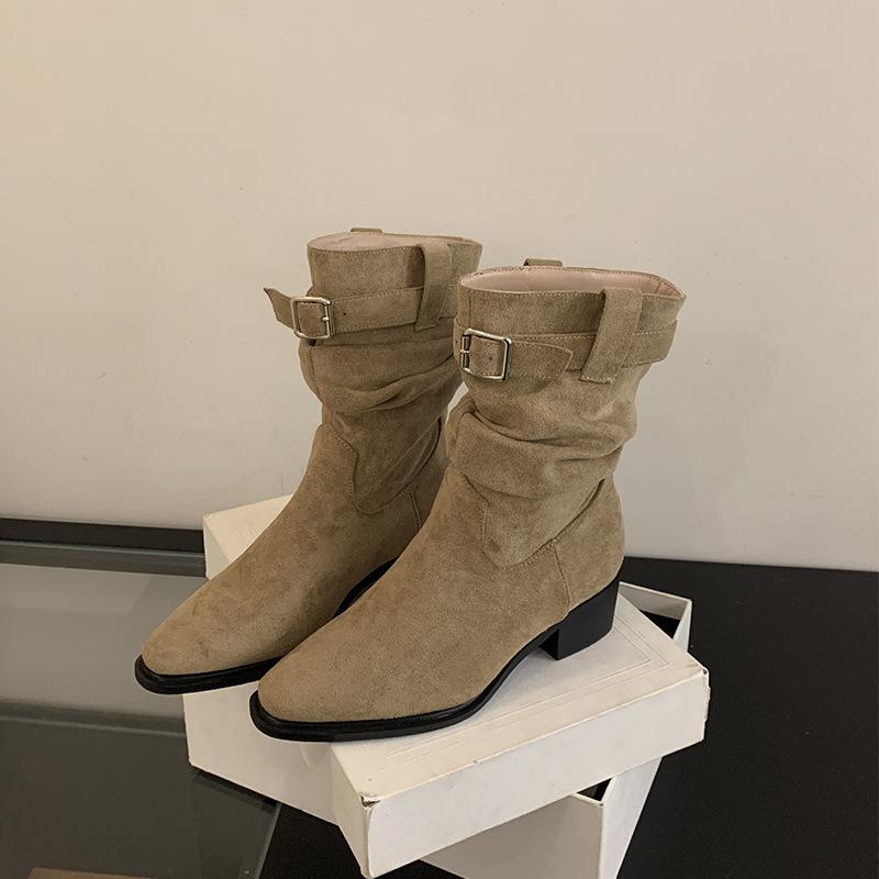 

2025 новые осенне-зимние ретро замшевые ковбойские сапоги в западном стиле, толстый каблук, средний каблук, короткие сапоги-столбики 39 хаки