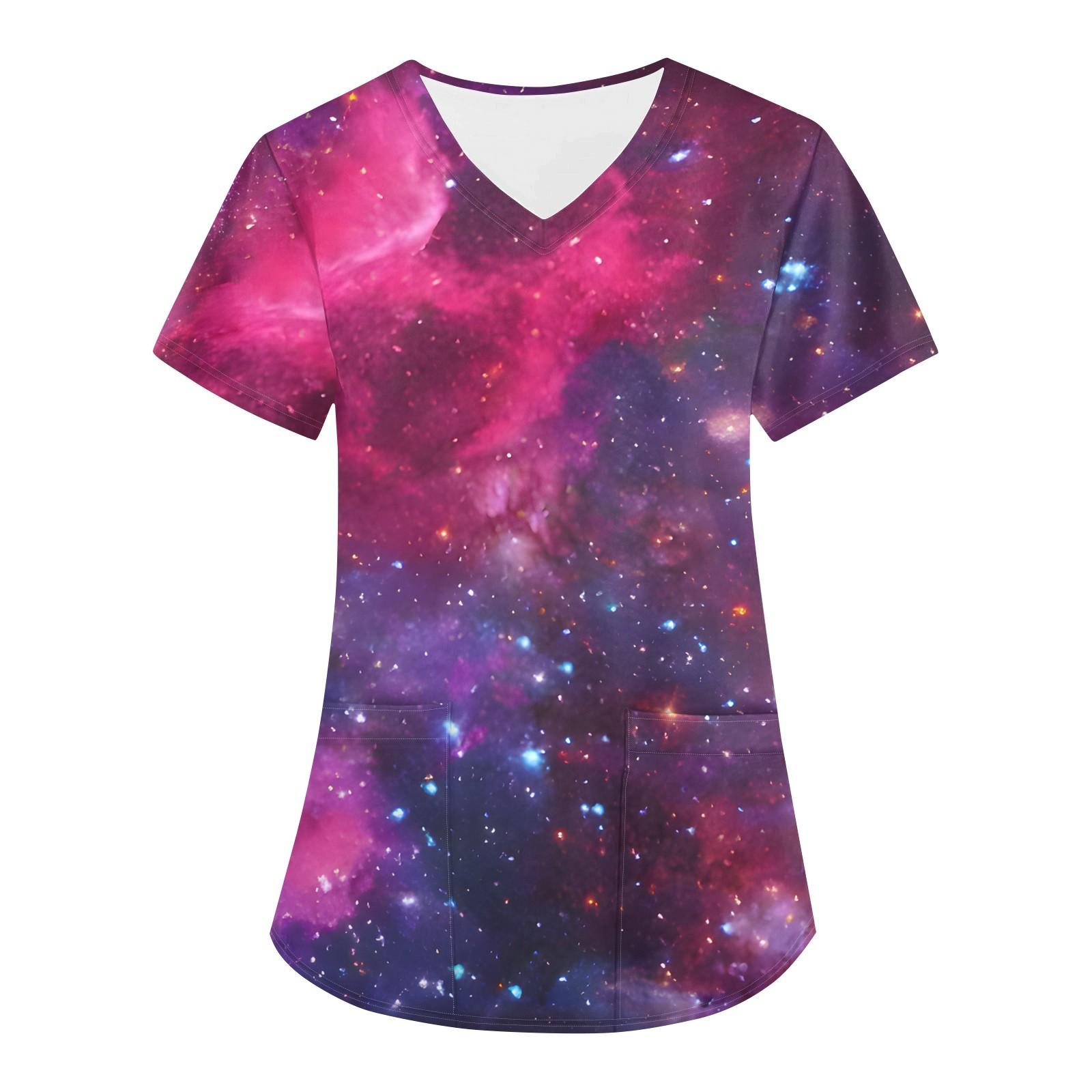 

Женская модная астральная принтованная футболка с коротким рукавом и V-образным вырезом с маленьким карманом XXL винный