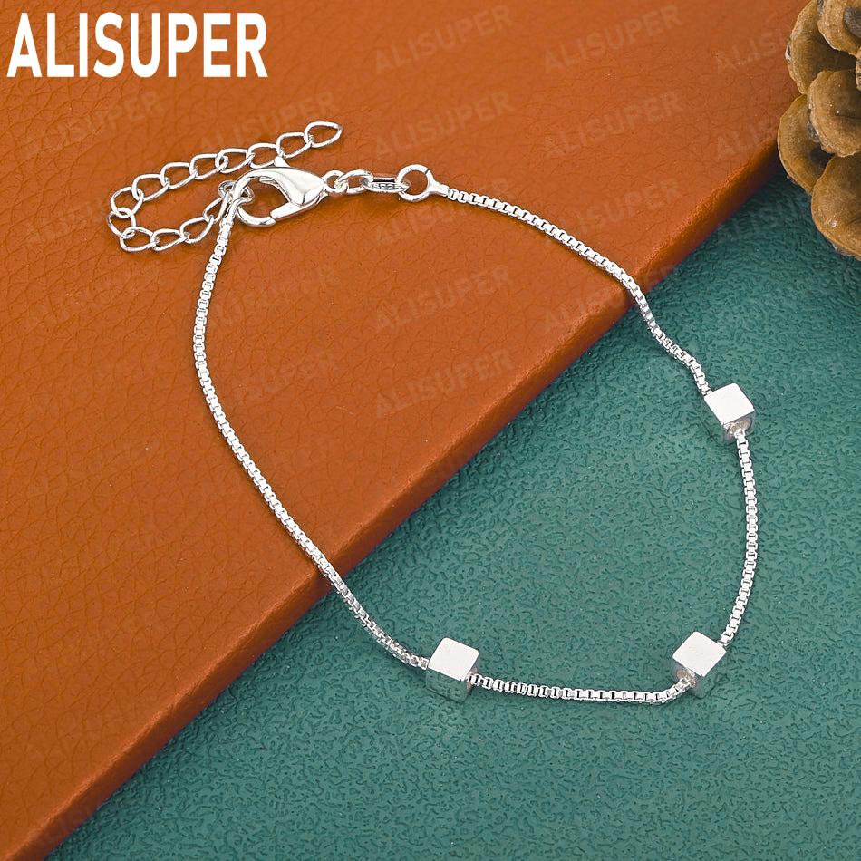 925 Sterling Silver Simple 3D Square Bracelet - Exquisite Gift Jewelry 20cm
