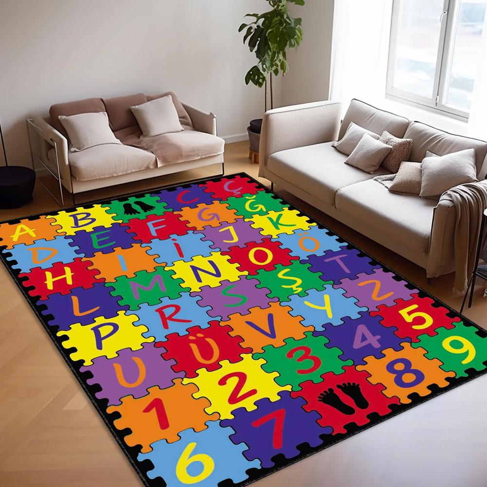 Colorful Alphabet Number Puzzle Area Rug Cute Educational ABC Print Non Slip Carpet for Bedroom Home Decor