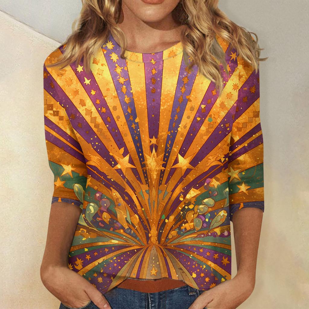 Ladies' Carnival Printed Fashionable Casual Seven Sleeve Round Neck Top
