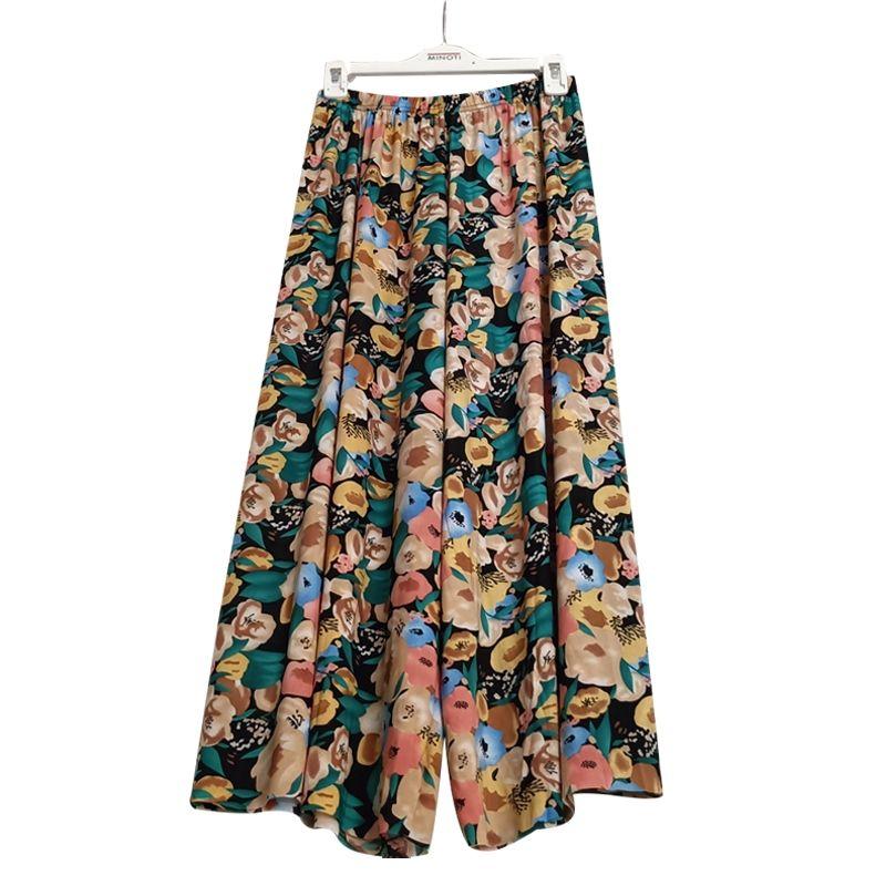 WTEMPO Kadın İlkbahar Yaz Sonbahar Büyük Beden Elastik Yüksek Bel Geniş Paça Pantolon Bol Rahat Çiçek Baskılı İnce Kırpılmış Pantolon
