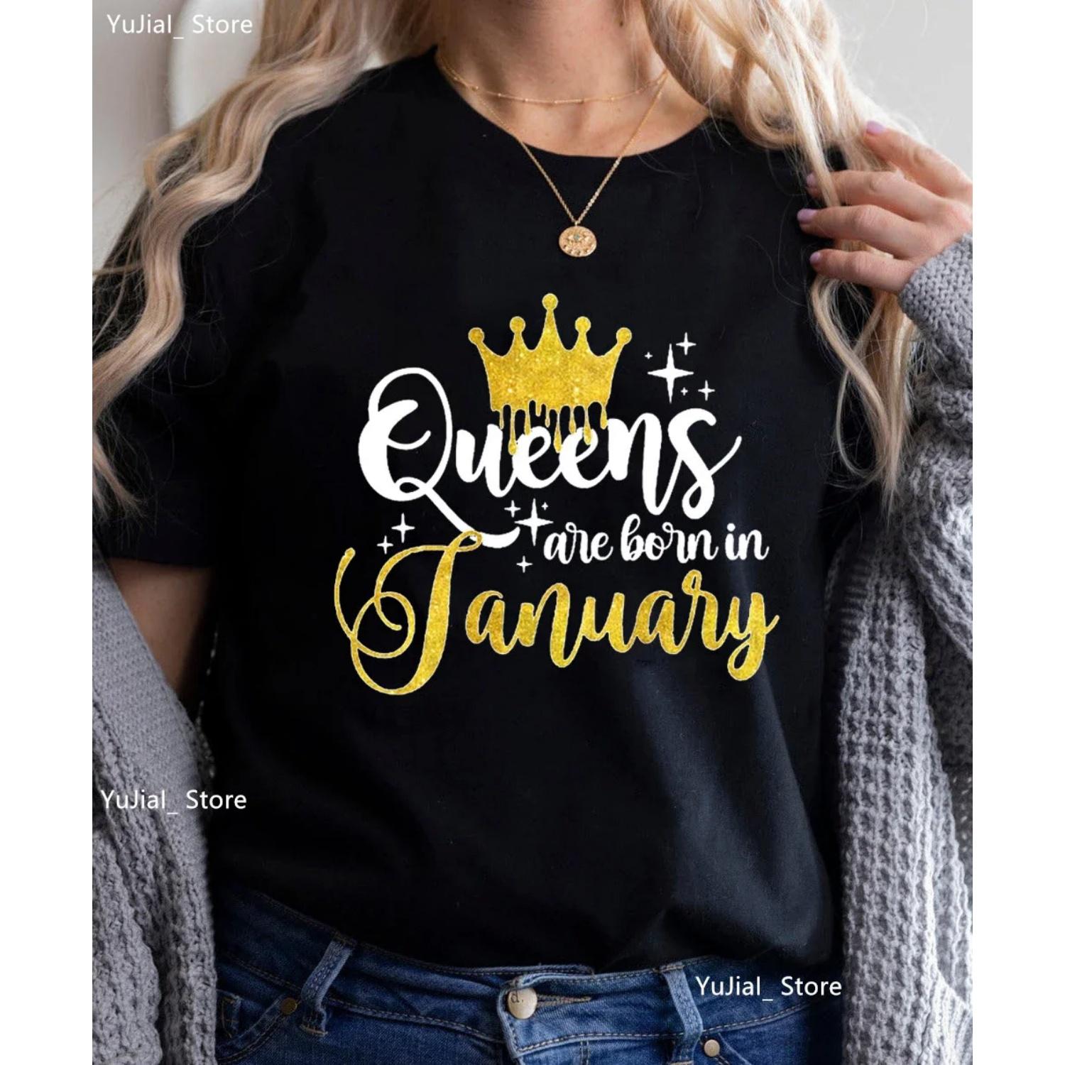 2024 Горячая Распродажа Королевы Рождаются в Январе Графический Принт Футболка Девочки Черный Белый Розовый Зеленый Желтый Серый Футболка Женщины День Рождения Топ S чёрный
