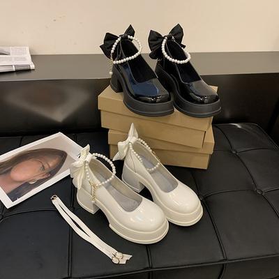 Mary Jane Ayakkabılar Moda ve Rahat Kadın Bahar Kalın Taban Yükselen Kalın Topuk İnci Tek Ayakkabı
