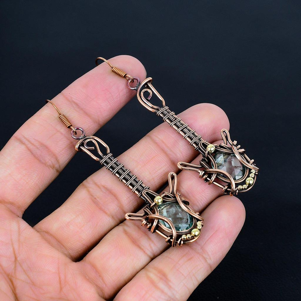 Aqua Apatite Earrings, 999 Copper Wire Wrapped Earrings Handmade Gemstone Jewelry, Gifts For Wife Brand New Earrings