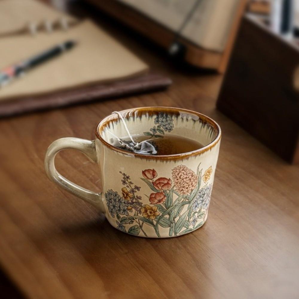 Non-slip Antique Style Mug Floral Pattern Milk Cup Classic Exquisite Water Cup Living Room