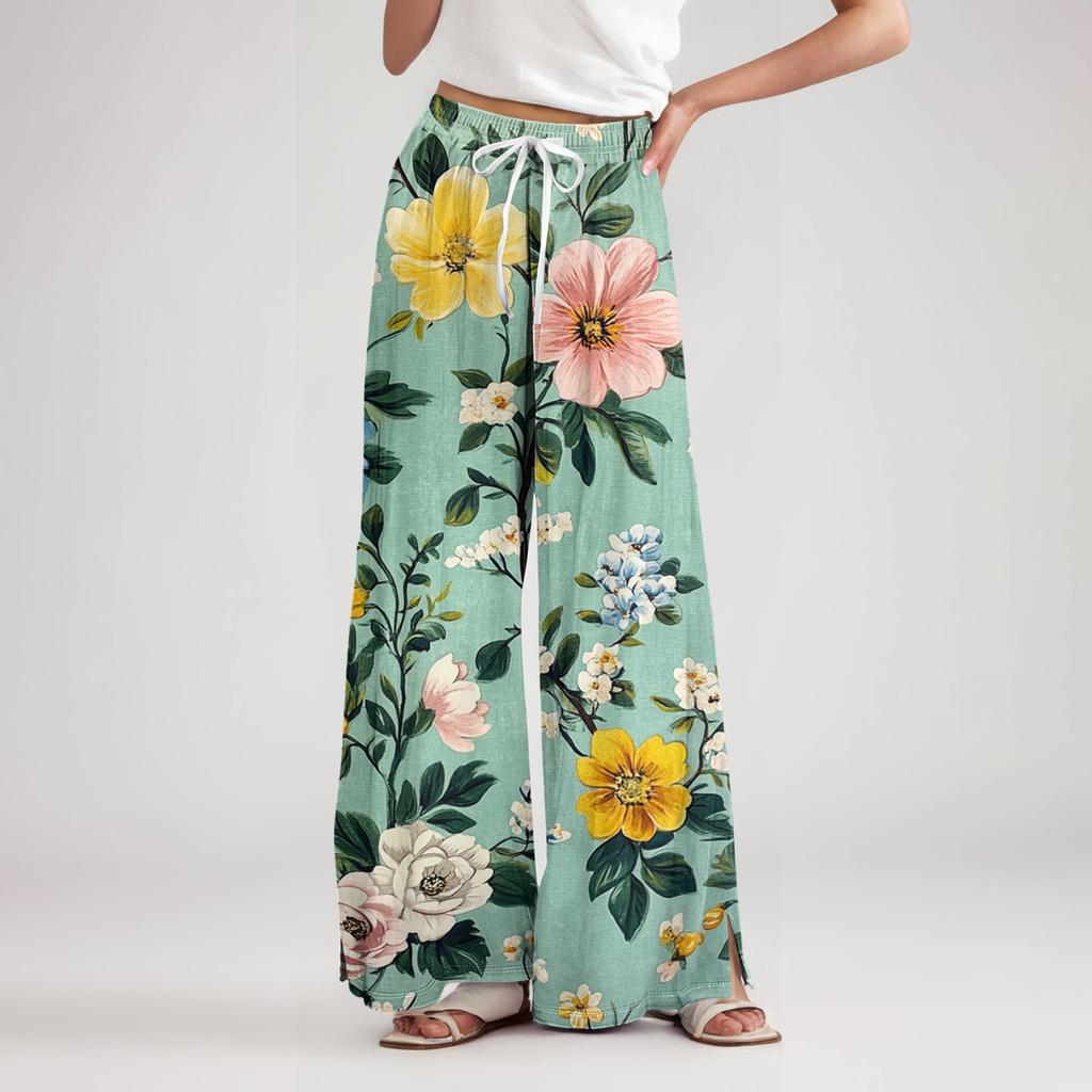Women's Loose Casual Floral Print Wide Leg Pants With Elastic Waist Drawstring And Pocket Pants