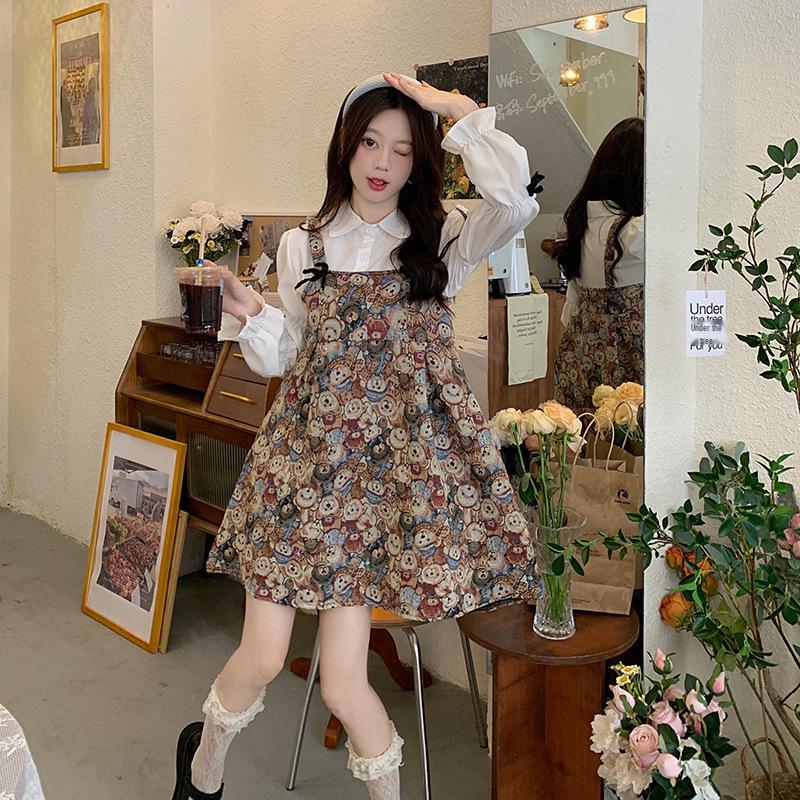 Women's Bowknot Long Sleeve Shirt & Bear Overalls Two-Piece Dress Set