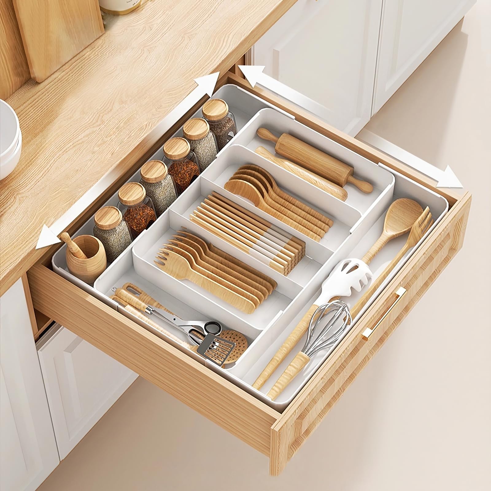 

Кейс для хранения с столовыми приборами и регулируемыми со всех четырех x x ящиками для хранения, кейс, хранение, Раздвижные боковины , Ш27~51 Г27~51 В5см, белый, белый