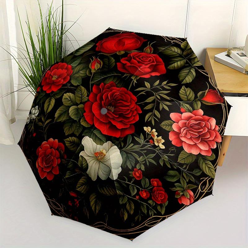 Elegant Floral Round Rug - Classic Rose Designfor Home DecorUmbrella, Portable 3-Fold Compact Umbrella for Men & Women Gift
