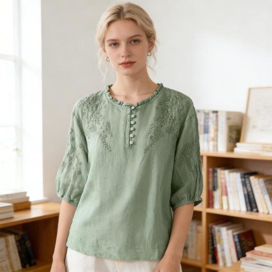 Camicia da Donna Ricamata Floreale Manica a 3/4 a Palloncino Vestibilità Larga Pullover Top Orlo Curvo Casual Estiva Blusa Traspirante Quotidiano