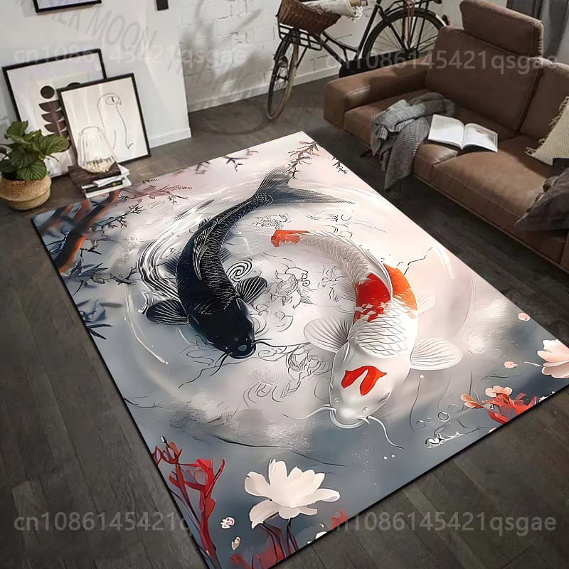 Multiple sizes Black and white koi spinning Carpet for Living Room Bedroom Sofa Home Decor Rus Non-slip Floor Mat Luxury Gift