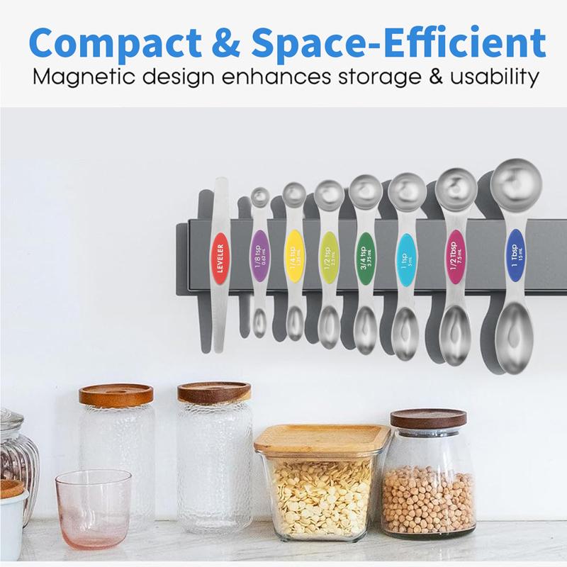 Pack of 8 Dual-Sided Magnetic Measuring Spoons Set with Leveler Stackable Teaspoon and Tablespoon Set for Spice Jar Liquid