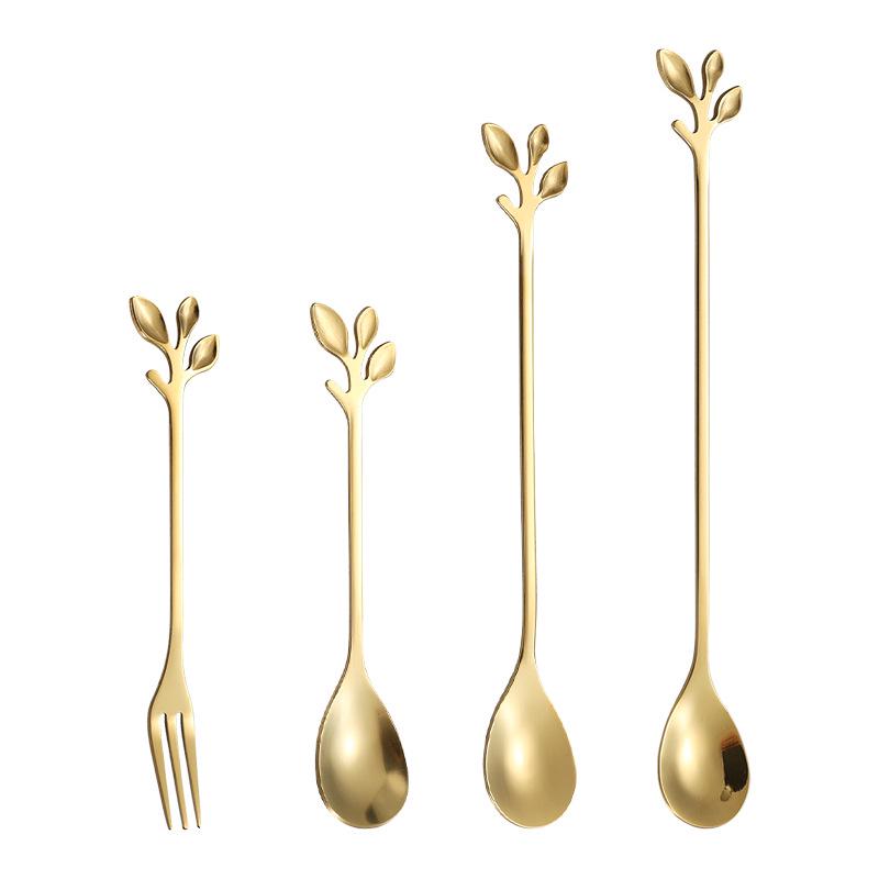 Gold Stainless Steel Leaf Spoon and Fork Set - Long Handle for Stirring, Desserts, and Coffee