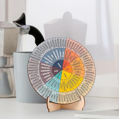 Ahşap Duygular Çarkı Dekorasyonu Standlı Çift Taraflı Yuvarlak Bilinçli Duygular Terapisi