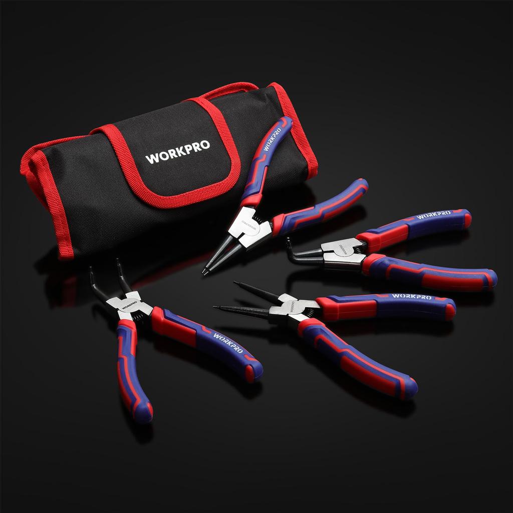 Sada pojistných kroužků WORKPRO pro rovné, zakřivené, rez, upevnění a odpojení pružiny, celková délka, úložný pouzdro, kleště, 4, otvory, hřídele,