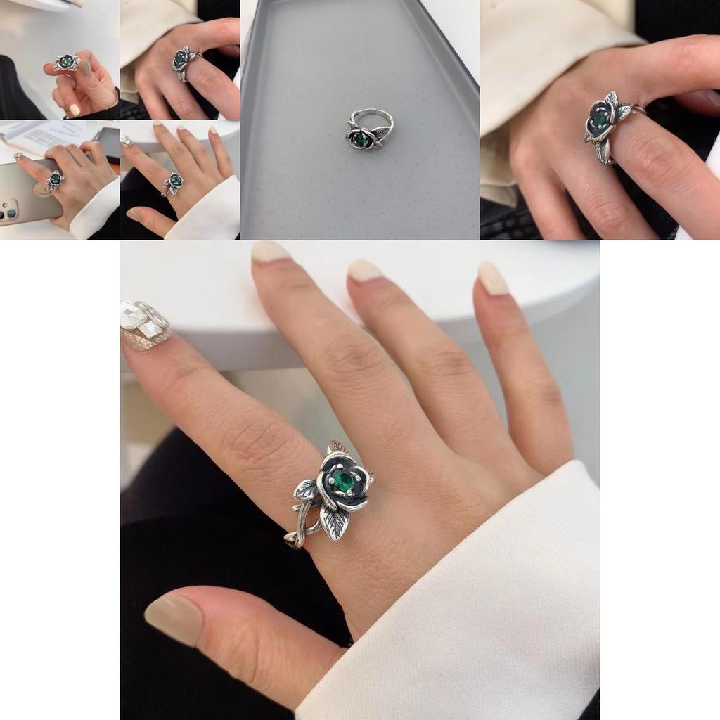 Exquisite Korean Style Vintage Exaggerated Green Zircon Rose Flower Ring For Women