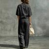 Damen Freizeit Zweiteiler V-Ausschnitt Kurzarm Top und Weite Hosen Lounge Outfit Leichter Bequemer Stoff Stilvolles Design