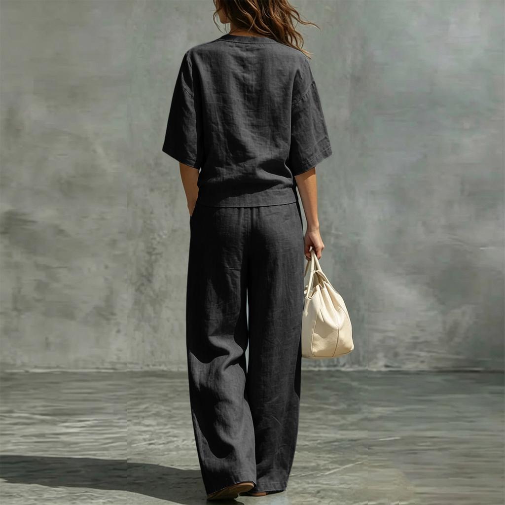 Damen Freizeit Zweiteiler V-Ausschnitt Kurzarm Top und Weite Hosen Lounge Outfit Leichter Bequemer Stoff Stilvolles Design