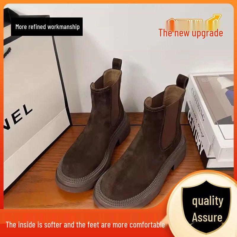 Botine Chelsea cu toc gros, cu vârf rotund, din piele întoarsă, pentru femei, toamnă/iarnă 2025