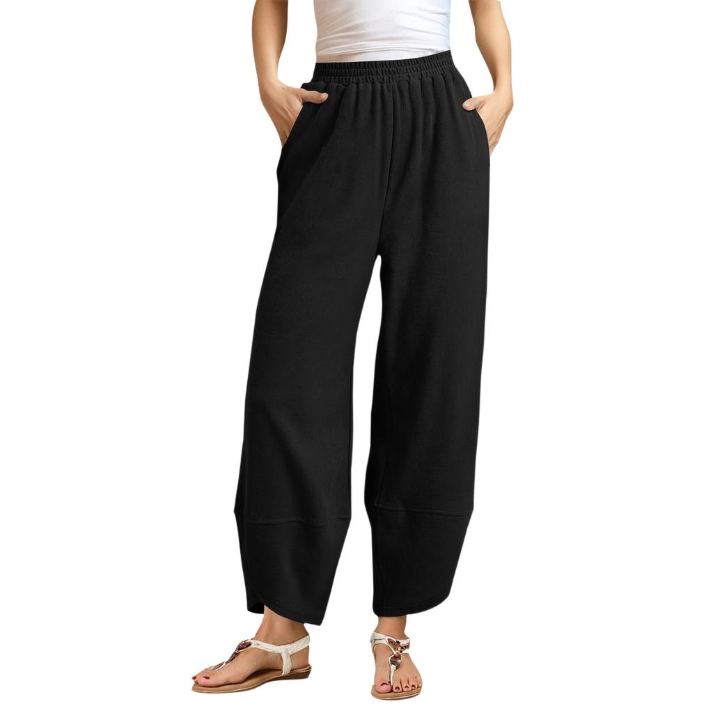 Damen Schräge Tasche Elastischer Bund Cropped Hose Lässige Baumwoll- und Leinenhose