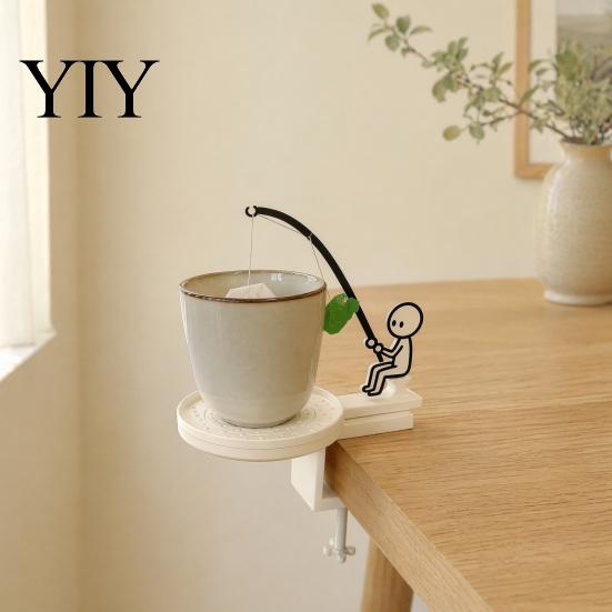 Teebeutelhalter für Glasbecher Angler mit Untersetzer, Niedliche Strichmännchen Minimalistisch Anti-Tropf Untersetzerhalter, Lustiger Schreibtisch Tropfenfänger, Neuheit