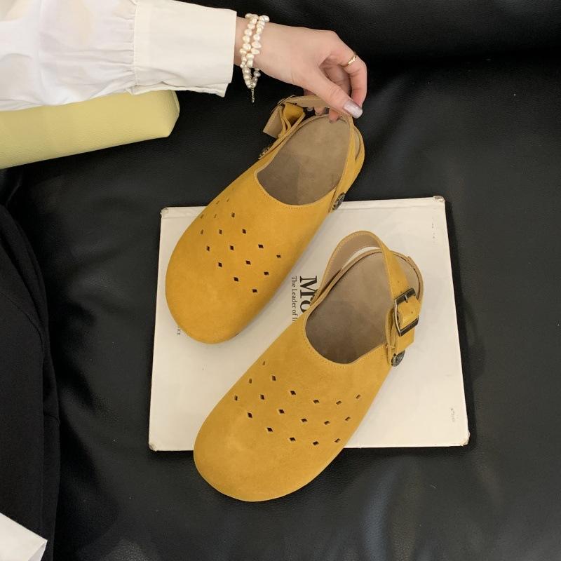 Retro Mori Hollow Breathable Bag Head Half Slippers Female Summer Wear a Pedal Thick Sole Ugly Cute Leather Birkenstocks